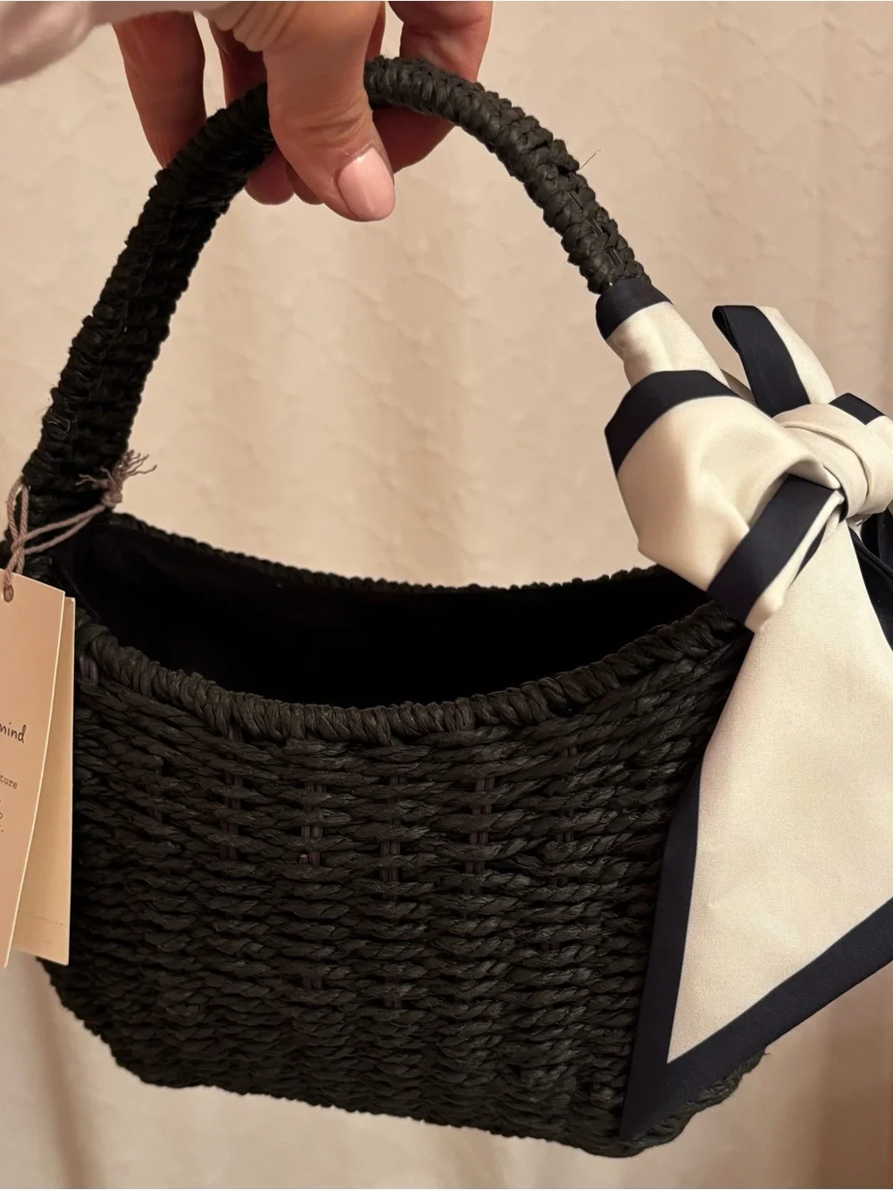 Black Woven Dyed Seagrass Handbag with Ivory Scarf Accent